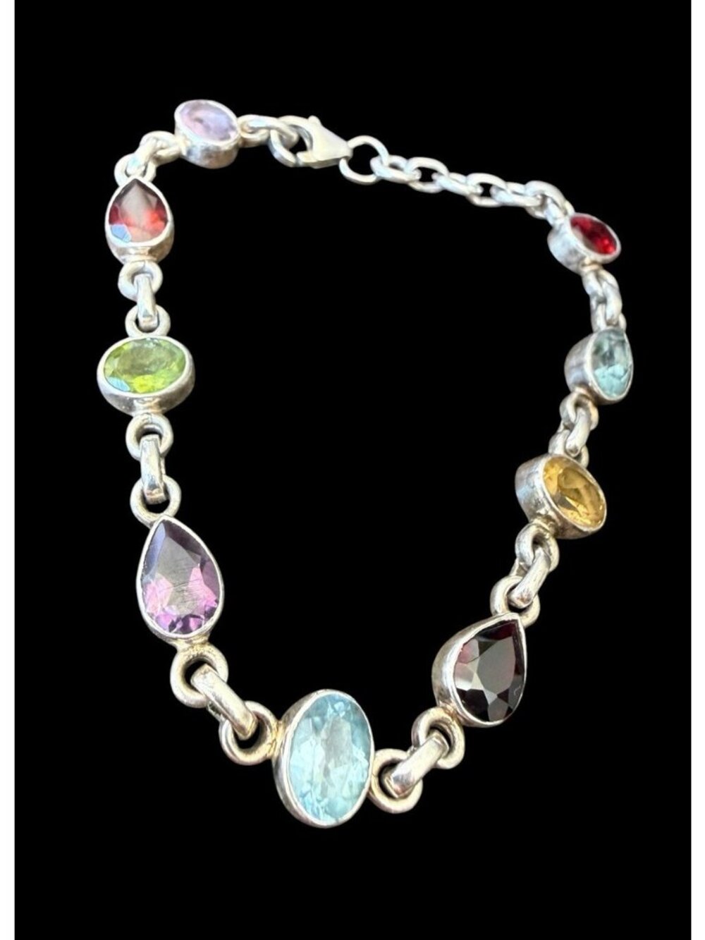 925 Silver Multi Gemstone Link Bracelet Amethyst Citrine Peridot Topaz Garnet
